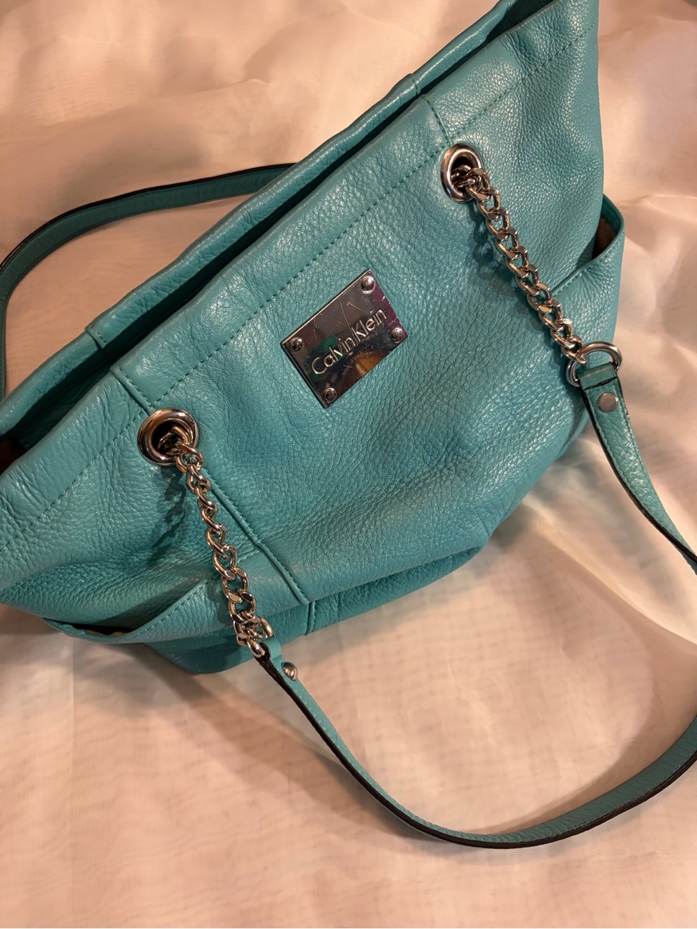 Calvin Klein Turquoise Pebbled Leather Shoulder Bag with Chain Straps
